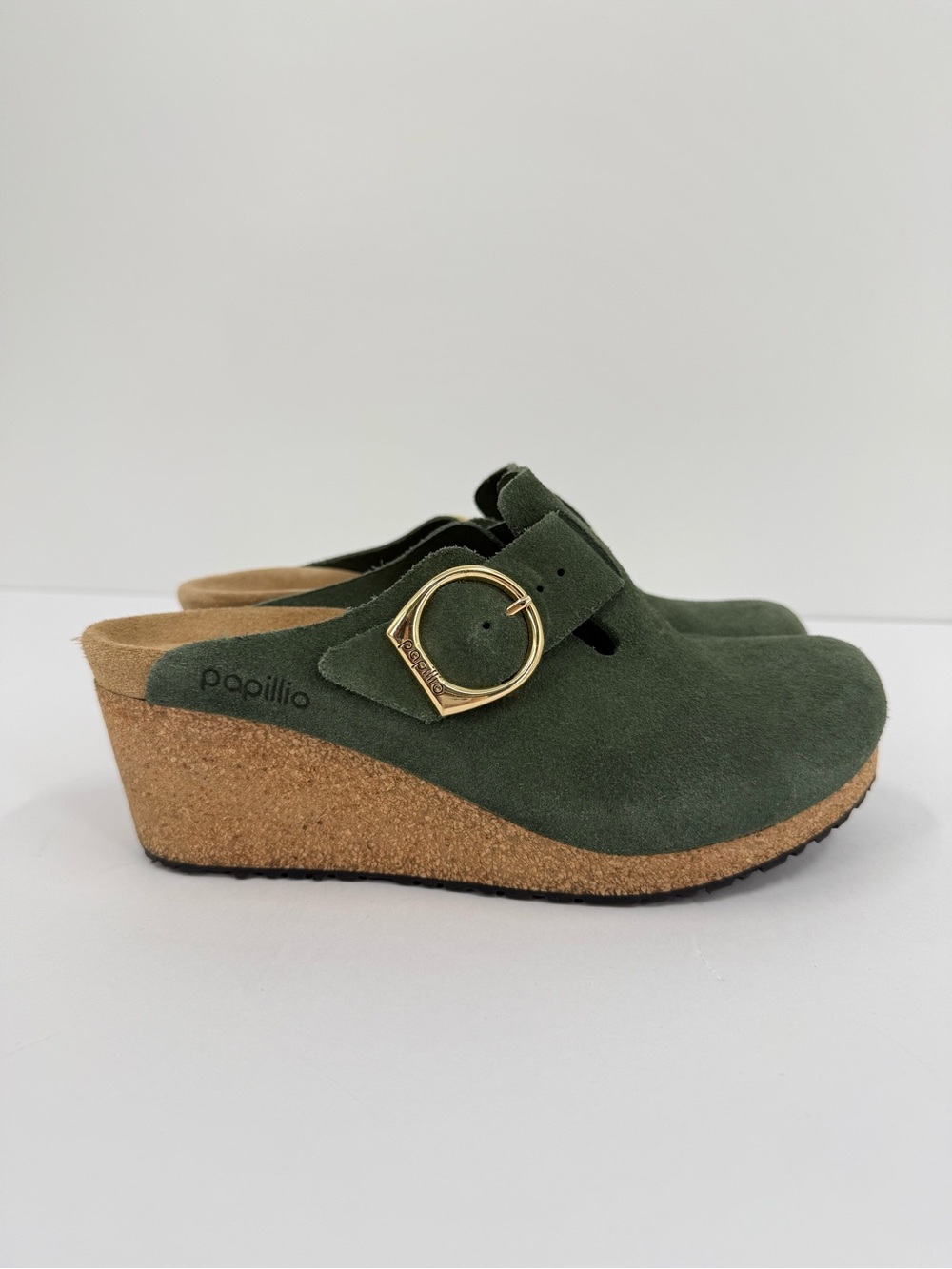 Birkenstock Papillio Fanny Suede Ring Buckle Clogs in Green Size 39 Med Narrow